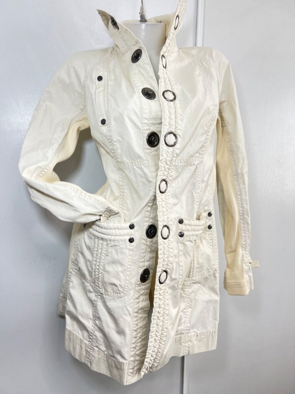 Free People Ivory Button-Up Long Cotton Jacket Womens Size Small